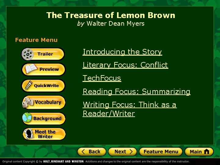 The Treasure of Lemon Brown by Walter Dean Myers Feature Menu Introducing the Story