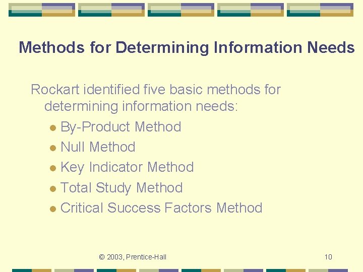 Methods for Determining Information Needs Rockart identified five basic methods for determining information needs: