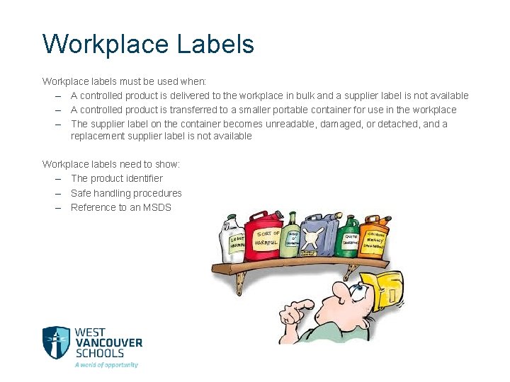 Workplace Labels Workplace labels must be used when: – A controlled product is delivered