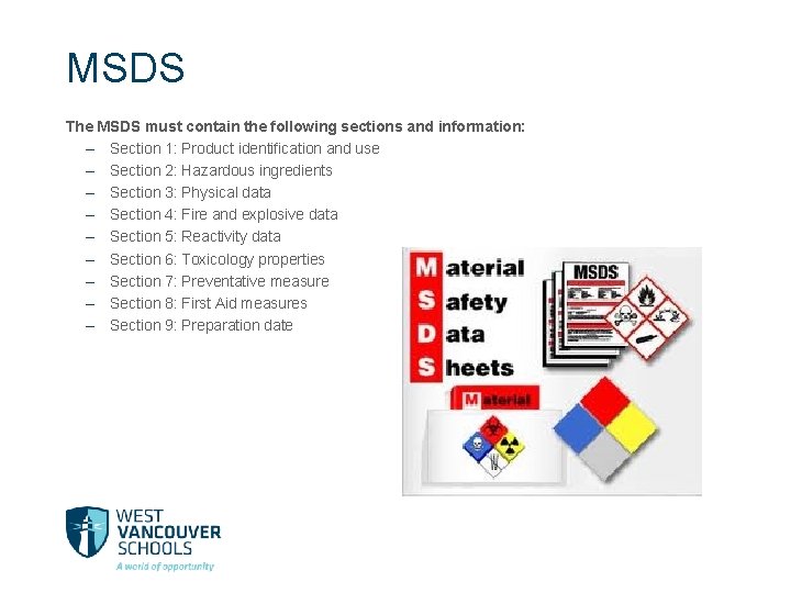 MSDS The MSDS must contain the following sections and information: – Section 1: Product