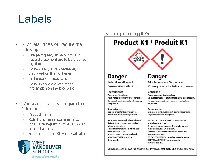 Labels An example of a supplier’s label • Suppliers Labels will require the following: