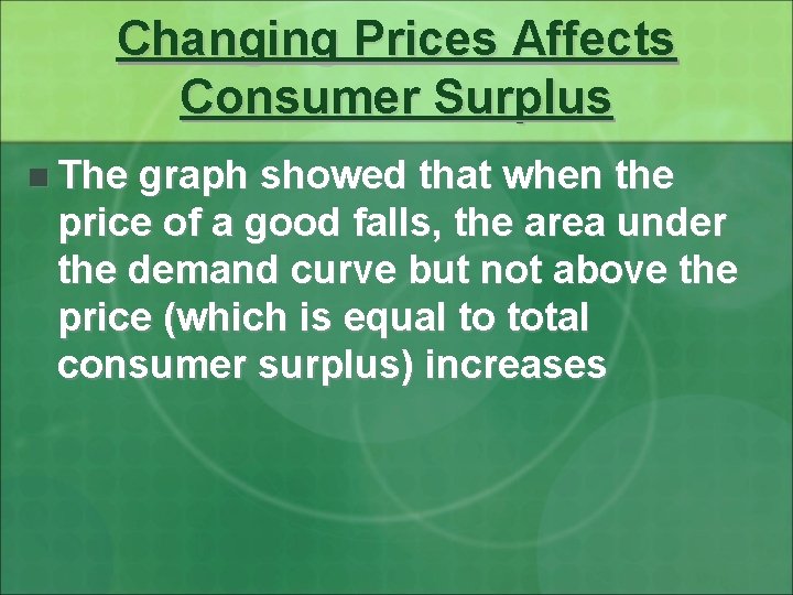 Changing Prices Affects Consumer Surplus n The graph showed that when the price of