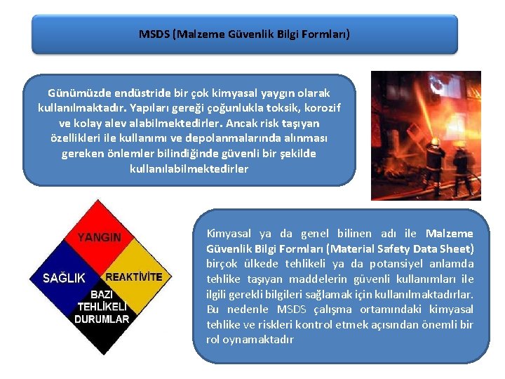 MSDS (Malzeme Güvenlik Bilgi Formları) Günümüzde endüstride bir çok kimyasal yaygın olarak kullanılmaktadır. Yapıları