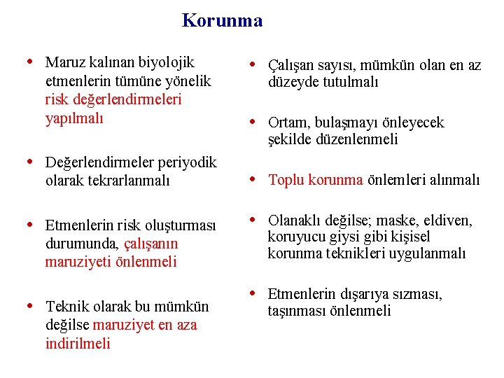 Korunma • Maruz kalınan biyolojik etmenlerin tümüne yönelik risk değerlendirmeleri yapılmalı • Çalışan sayısı,