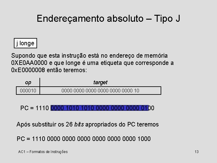 Endereçamento absoluto – Tipo J j longe Supondo que esta instrução está no endereço