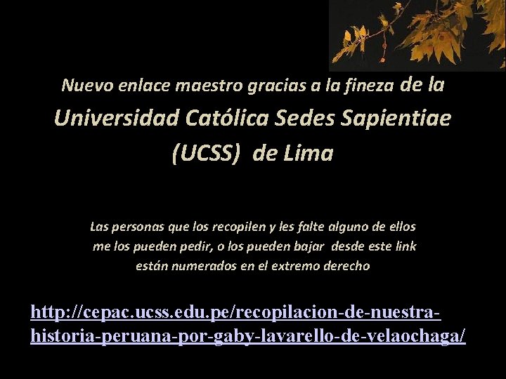 Nuevo enlace maestro gracias a la fineza de la Universidad Católica Sedes Sapientiae (UCSS)