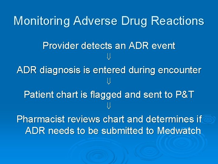 Monitoring Adverse Drug Reactions Provider detects an ADR event ADR diagnosis is entered during