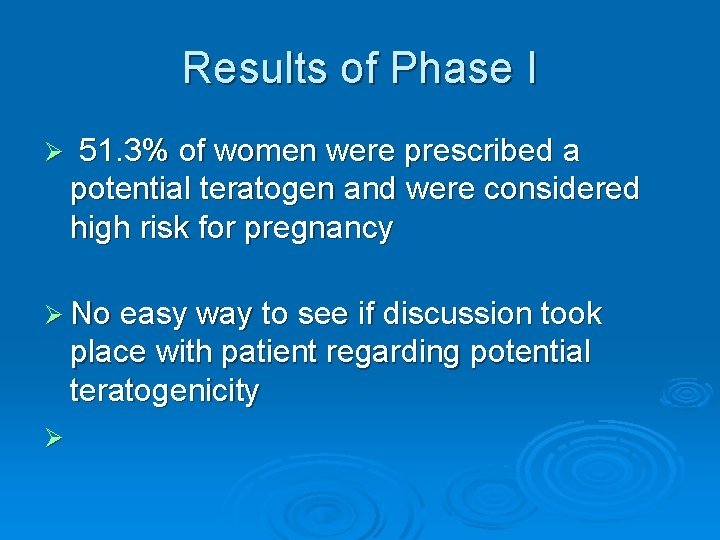 Results of Phase I Ø 51. 3% of women were prescribed a potential teratogen