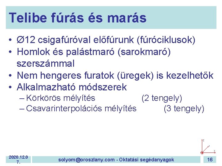 Telibe fúrás és marás • Ø 12 csigafúróval előfúrunk (fúróciklusok) • Homlok és palástmaró Telibe fúrás és marás • Ø 12 csigafúróval előfúrunk (fúróciklusok) • Homlok és palástmaró