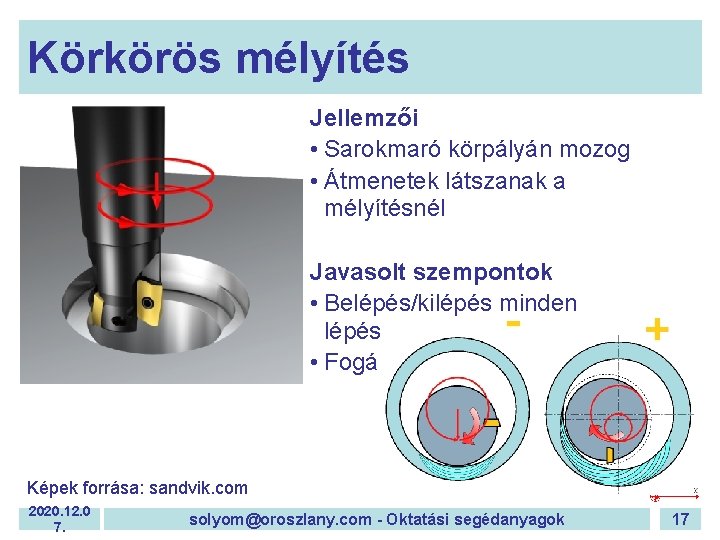 Körkörös mélyítés Jellemzői • Sarokmaró körpályán mozog • Átmenetek látszanak a mélyítésnél Javasolt szempontok