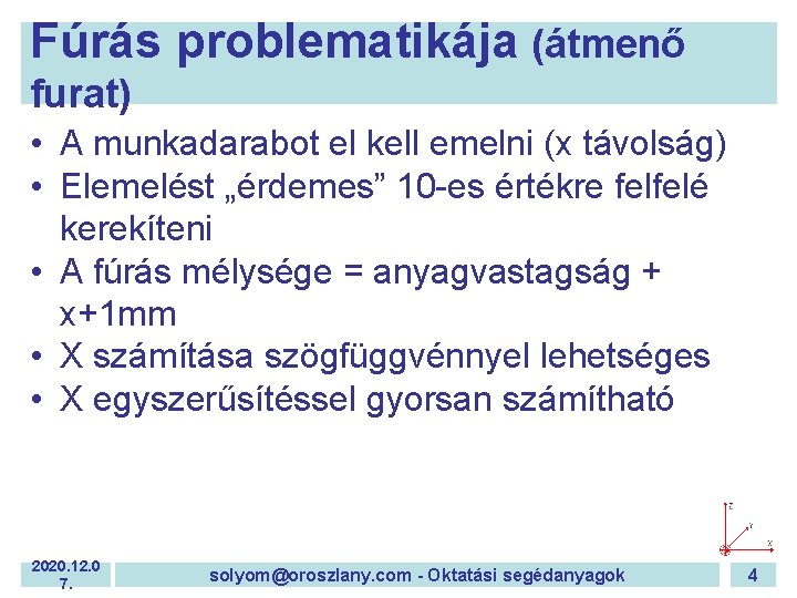 Fúrás problematikája (átmenő furat) • A munkadarabot el kell emelni (x távolság) • Elemelést