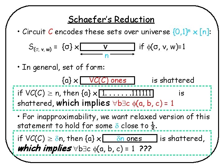 Schaefer’s Reduction • Circuit C encodes these sets over universe {0, 1}n x [n]: