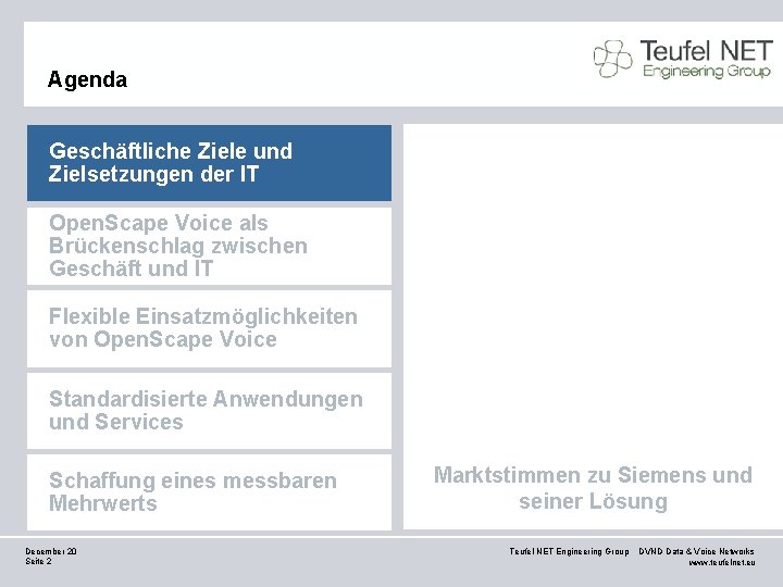 Agenda Geschäftliche Ziele und Zielsetzungen der IT Open. Scape Voice als Brückenschlag zwischen Geschäft