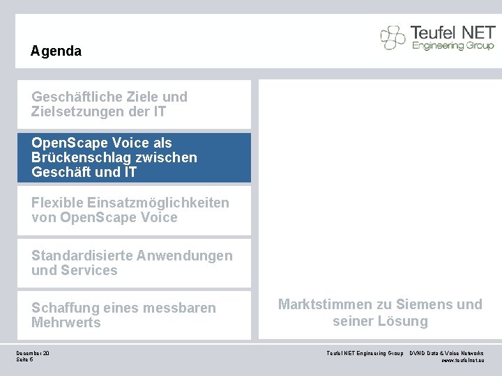 Agenda Geschäftliche Ziele und Zielsetzungen der IT Open. Scape Voice als Brückenschlag zwischen Geschäft