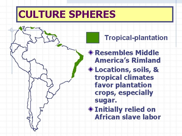 CULTURE SPHERES Tropical-plantation Resembles Middle America’s Rimland Locations, soils, & tropical climates favor plantation