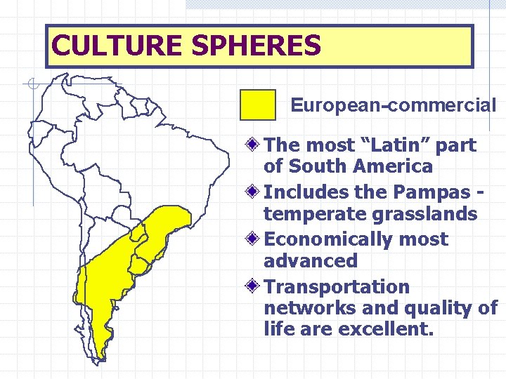 CULTURE SPHERES European-commercial The most “Latin” part of South America Includes the Pampas temperate