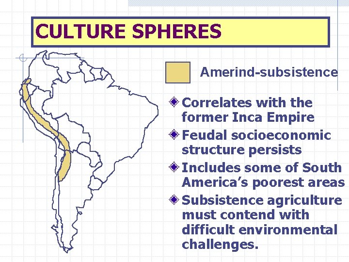 CULTURE SPHERES Amerind-subsistence Correlates with the former Inca Empire Feudal socioeconomic structure persists Includes