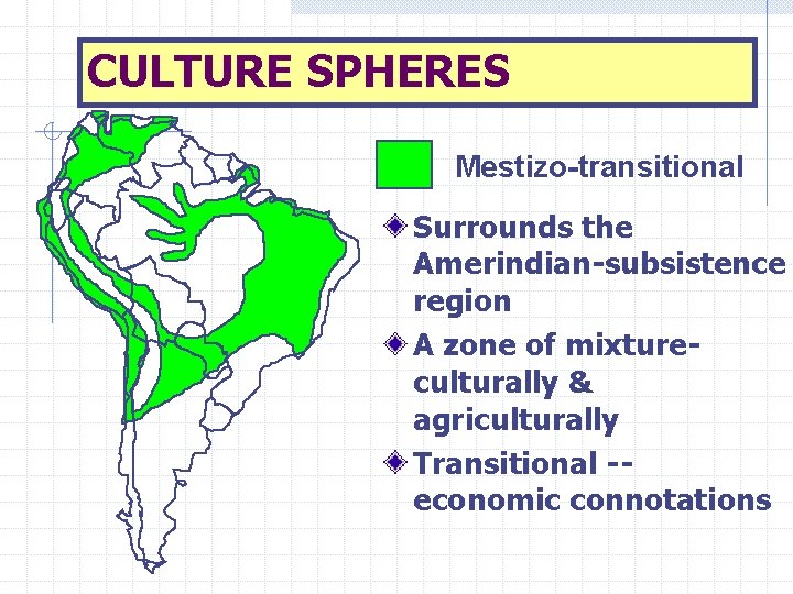 CULTURE SPHERES Mestizo-transitional Surrounds the Amerindian-subsistence region A zone of mixtureculturally & agriculturally Transitional