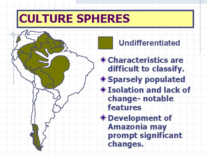 CULTURE SPHERES Undifferentiated Characteristics are difficult to classify. Sparsely populated Isolation and lack of