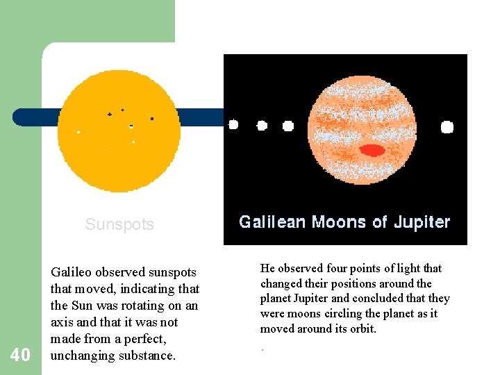 Sunspots 40 Galileo observed sunspots that moved, indicating that the Sun was rotating on