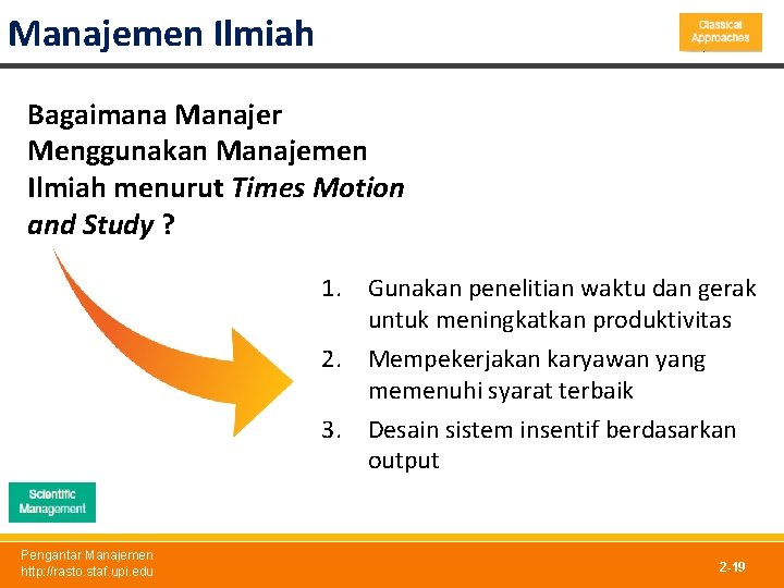 Manajemen Ilmiah Bagaimana Manajer Menggunakan Manajemen Ilmiah menurut Times Motion and Study ? 1.