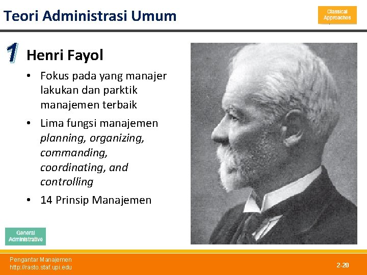 Teori Administrasi Umum 1 Henri Fayol • Fokus pada yang manajer lakukan dan parktik