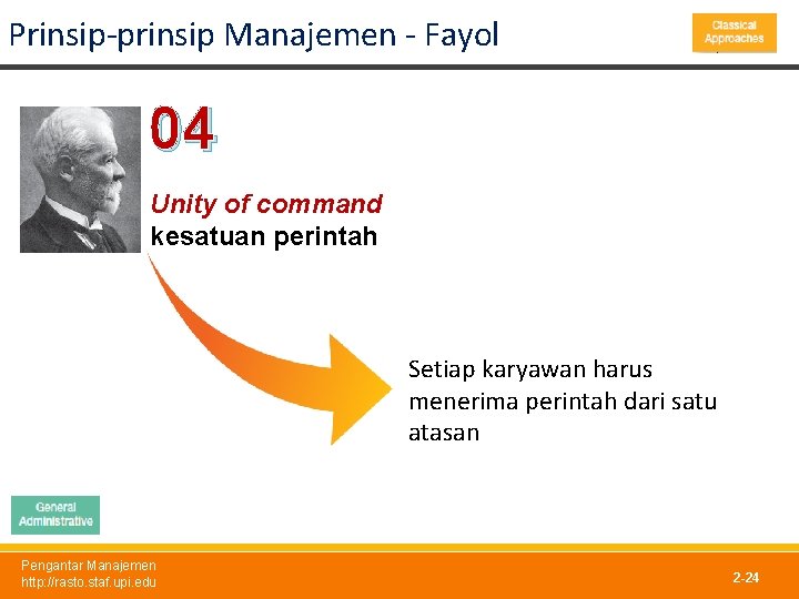 Prinsip-prinsip Manajemen - Fayol 04 Unity of command kesatuan perintah Setiap karyawan harus menerima