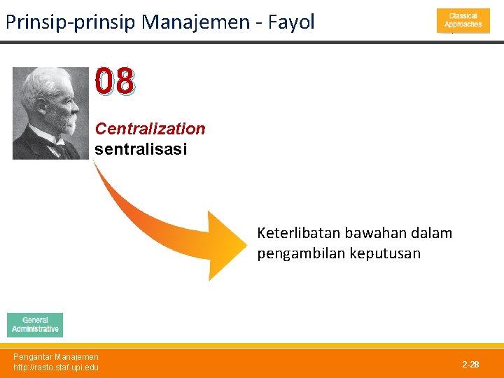 Prinsip-prinsip Manajemen - Fayol 08 Centralization sentralisasi Keterlibatan bawahan dalam pengambilan keputusan Pengantar Manajemen