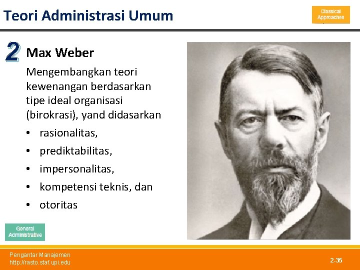 Teori Administrasi Umum 2 Max Weber Mengembangkan teori kewenangan berdasarkan tipe ideal organisasi (birokrasi),