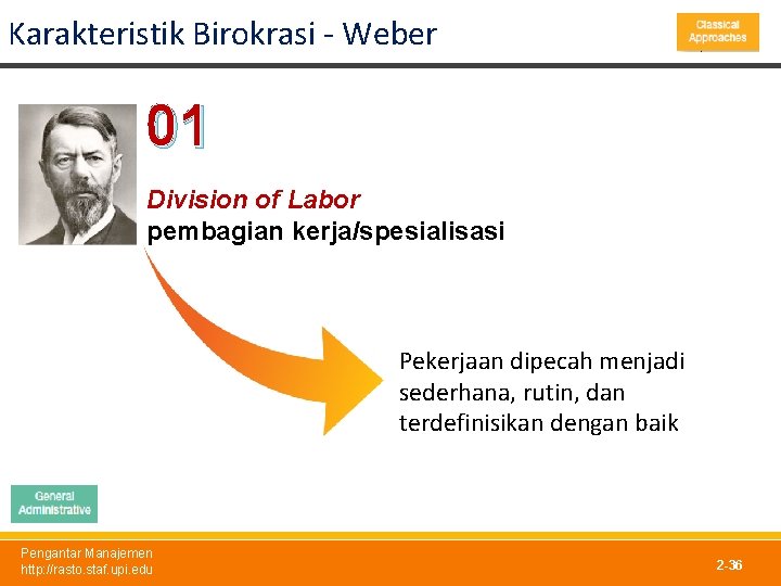 Karakteristik Birokrasi - Weber 01 Division of Labor pembagian kerja/spesialisasi Pekerjaan dipecah menjadi sederhana,