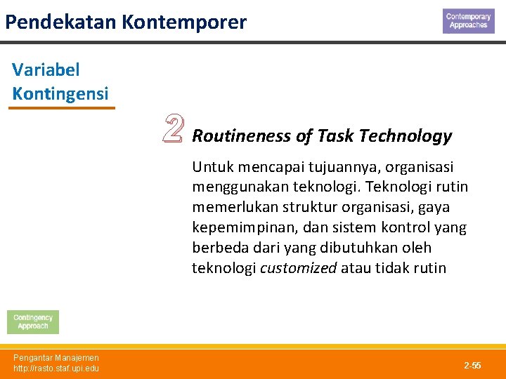 Pendekatan Kontemporer Variabel Kontingensi 2 Routineness of Task Technology Untuk mencapai tujuannya, organisasi menggunakan