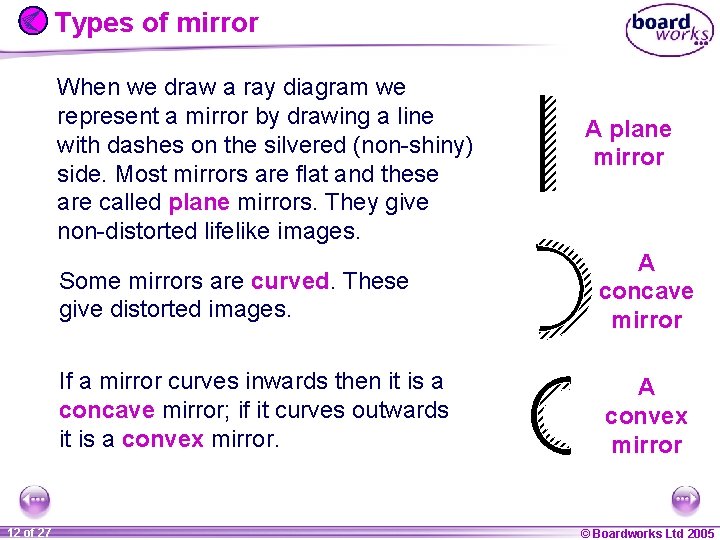 Types of mirror When we draw a ray diagram we represent a mirror by