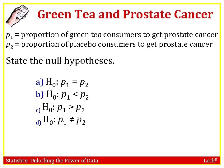 Green Tea and Prostate Cancer p 1 = proportion of green tea consumers to