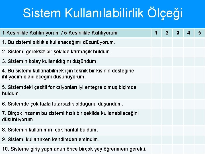 Sistem Kullanılabilirlik Ölçeği 1 -Kesinlikle Katılmıyorum / 5 -Kesinlikle Katılıyorum 1. Bu sistemi sıklıkla