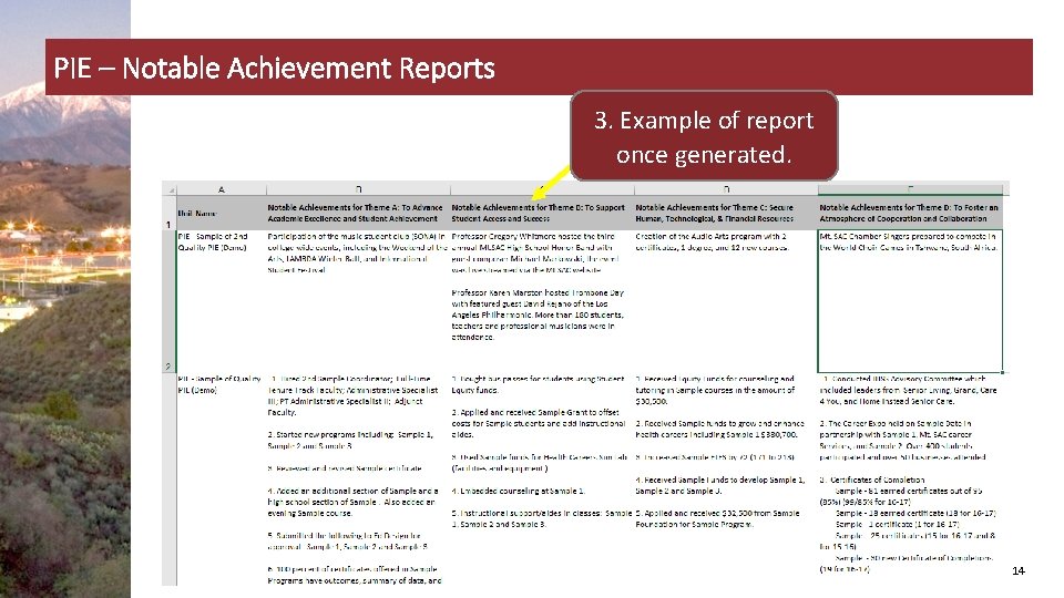 PIE – Notable Achievement Reports 3. Example of report once generated. 14 