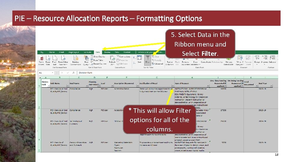 PIE – Resource Allocation Reports – Formatting Options 5. Select Data in the Ribbon