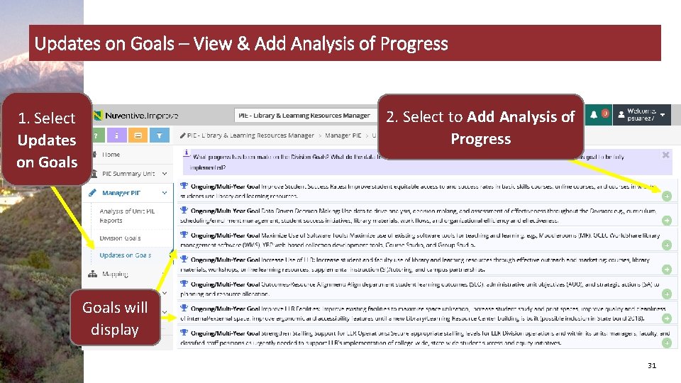 Updates on Goals – View & Add Analysis of Progress 2. Select to Add