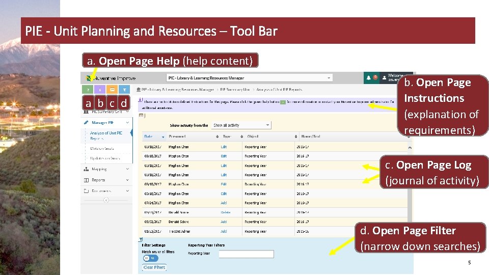 PIE - Unit Planning and Resources – Tool Bar a. Open Page Help (help