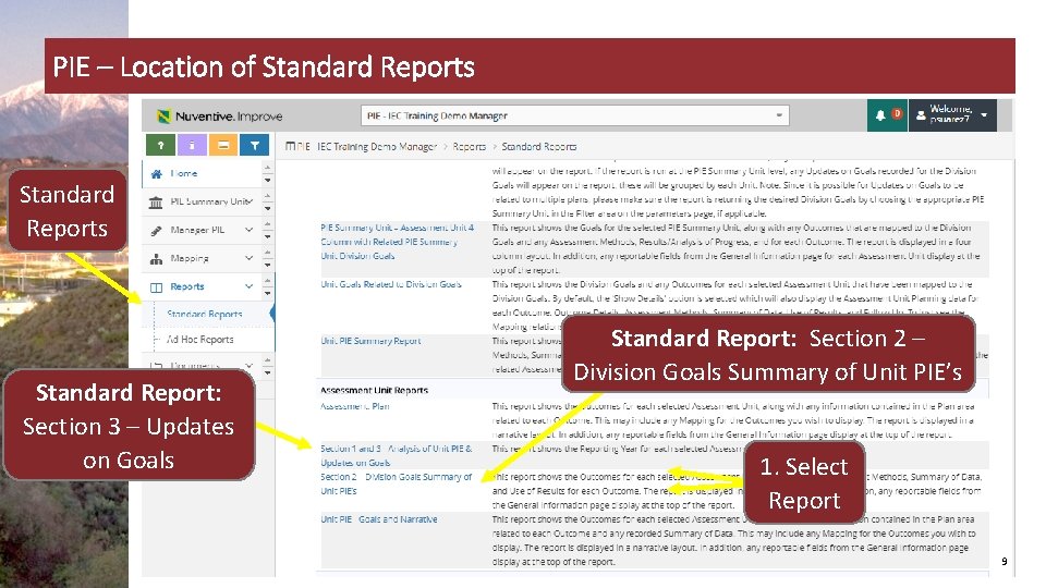 PIE – Location of Standard Reports Standard Report: Section 3 – Updates on Goals