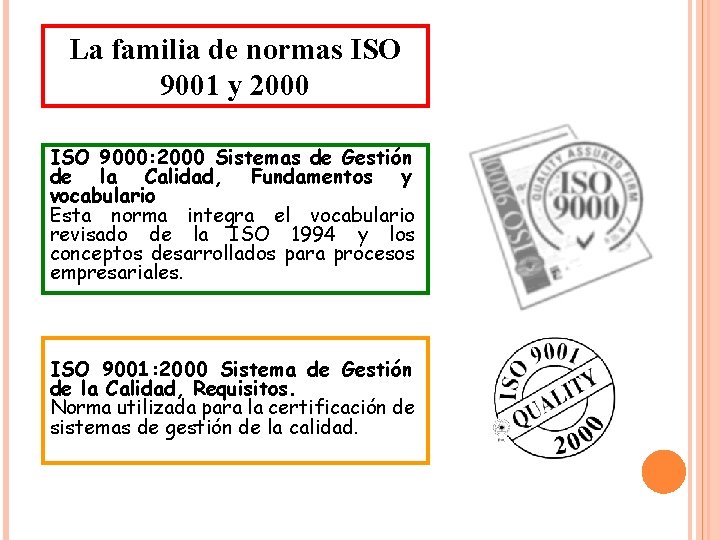 La familia de normas ISO 9001 y 2000 ISO 9000: 2000 Sistemas de Gestión