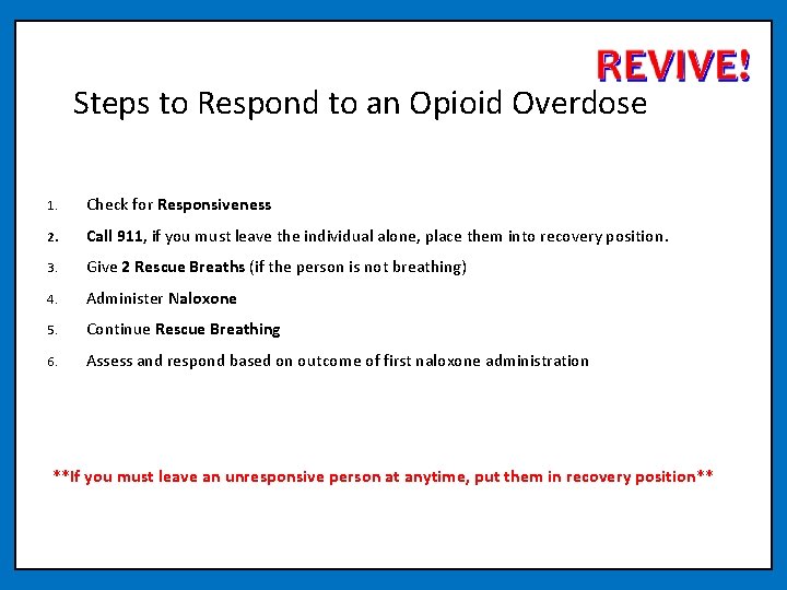 Steps to Respond to an Opioid Overdose 1. Check for Responsiveness 2. Call 911,