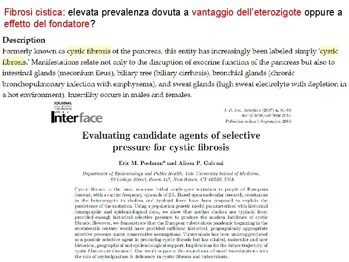 Fibrosi cistica: elevata prevalenza dovuta a vantaggio dell’eterozigote oppure a effetto del fondatore? Fibrosi cistica: elevata prevalenza dovuta a vantaggio dell’eterozigote oppure a effetto del fondatore?