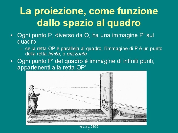 La proiezione, come funzione dallo spazio al quadro • Ogni punto P, diverso da