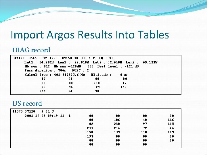Import Argos Results Into Tables DIAG record 37120 Date : 12. 03 09: 58: