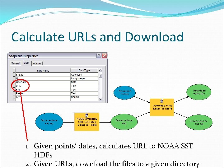 Calculate URLs and Download 1. Given points’ dates, calculates URL to NOAA SST HDFs
