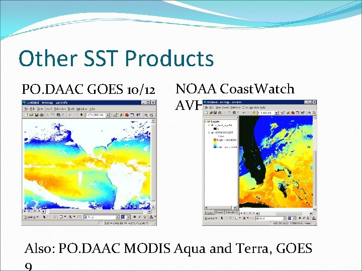 Other SST Products PO. DAAC GOES 10/12 NOAA Coast. Watch AVHRR Also: PO. DAAC