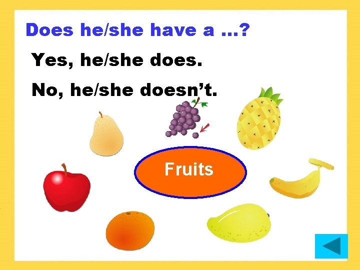 Does he/she have a. . . ? Yes, he/she does. No, he/she doesn’t. Fruits
