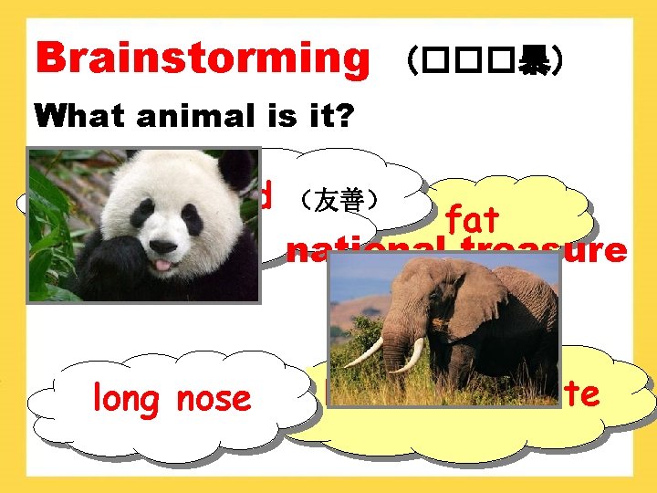 Brainstorming （���暴） What animal is it? big and kind （友善） fat national treasure 国宝