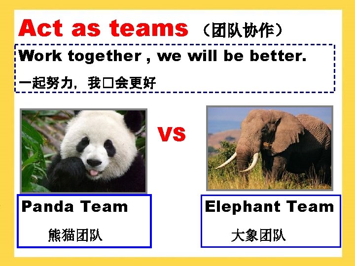 Act as teams （团队协作） Work together , we will be better. 一起努力，我�会更好 VS Panda