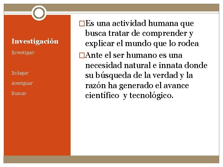 �Es una actividad humana que Investigación Investigar: Indagar Averiguar Buscar busca tratar de comprender